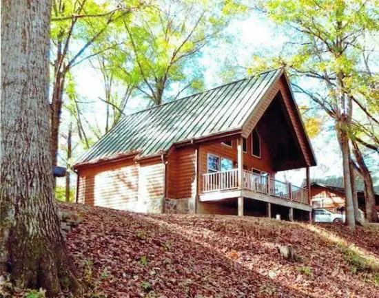 Wooden cabin with a green metal roof and a railed deck, among trees on a leaf-covered slope