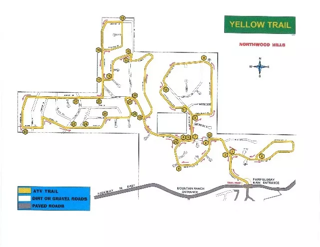 Map of the Yellow Trail through Northwood Hills, with the trailhead by the Fairfield Bay main entrance on Highway 16 East