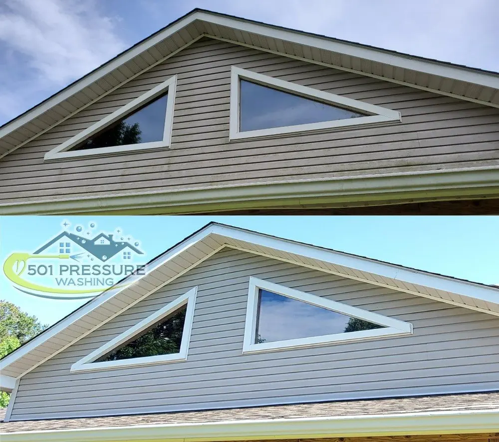 A siding gable with two triangular windows, streaked and grimy along the gutter in the top photo and clean in the bottom one