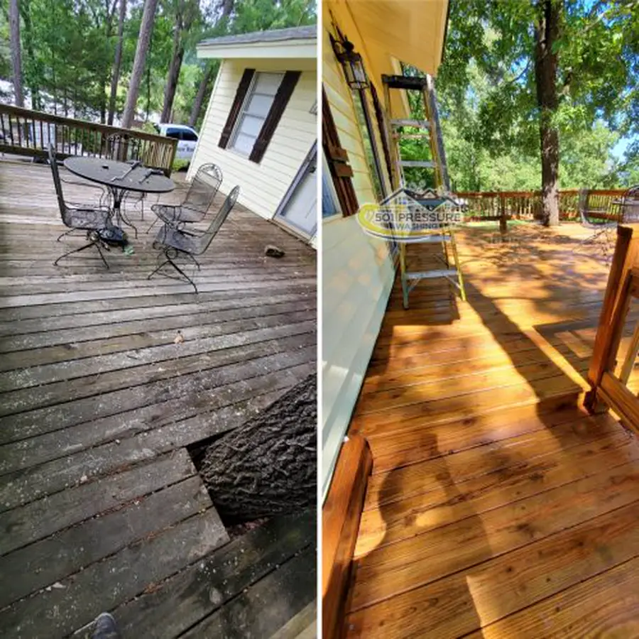 Deck boards mid-clean, the washed run pale against the grey weathered boards beside it