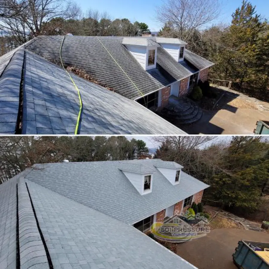Soft washing a low-pitched shingle roof under heavy tree canopy in Sherwood
