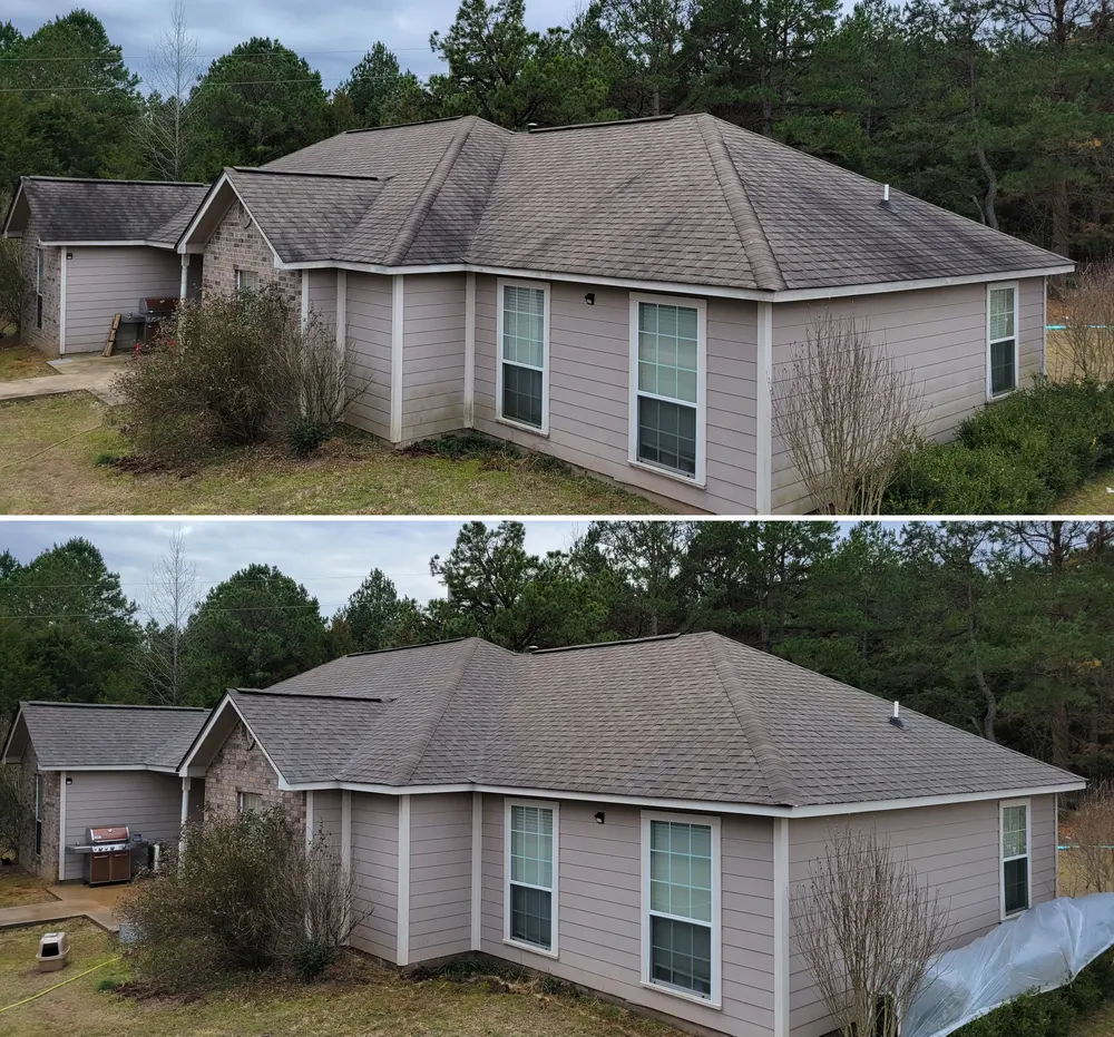 A shingle roof with dark streaks down its slopes in the top photo and clean in the bottom one, where plastic sheeting covers the shrubs