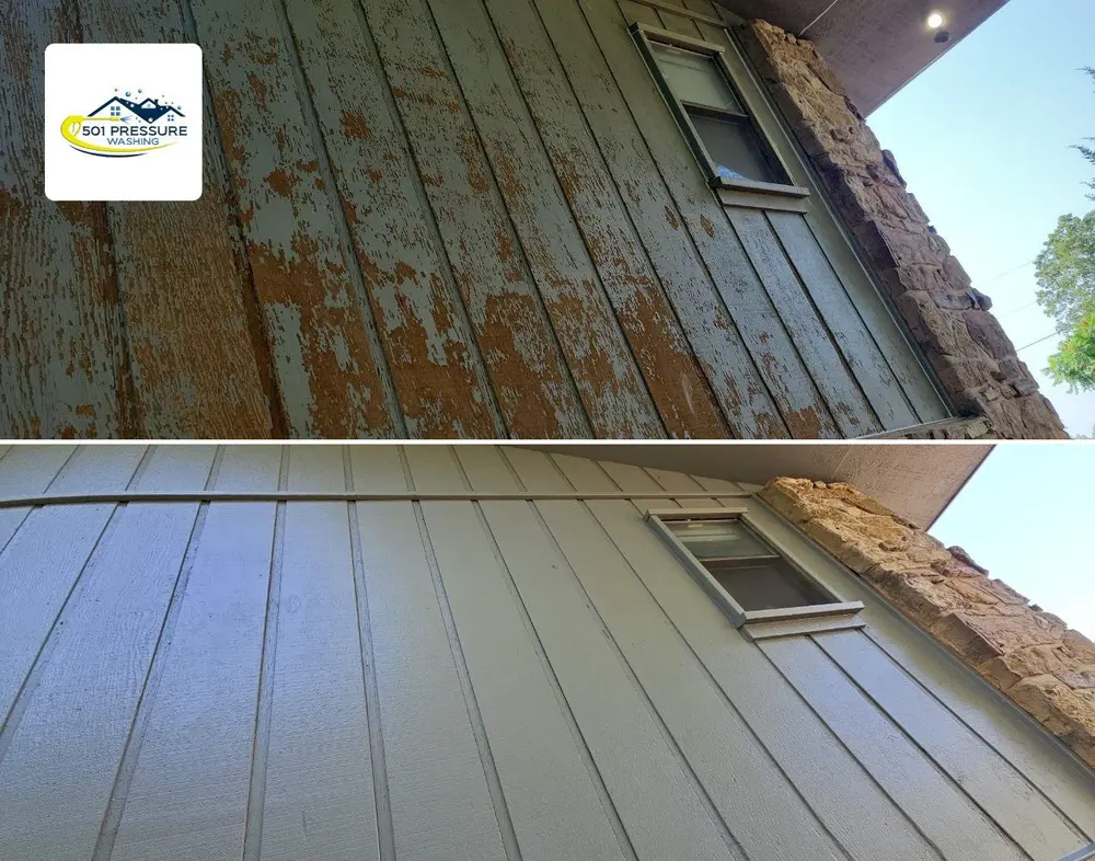Vertical wood siding with paint peeling down to bare wood in the top photo, and the same wall with a fresh coat in the bottom one
